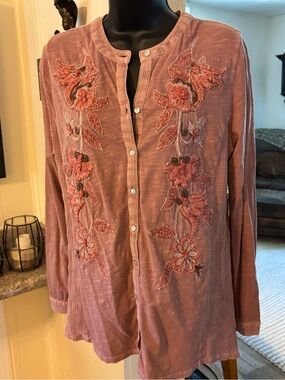 Soft Surroundings dusty rose embroidered tunic shirt top Sz Sm